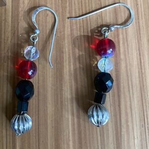 925 Sterling Silver Hooks Artisan Black Red Beaded Dangle Earrings